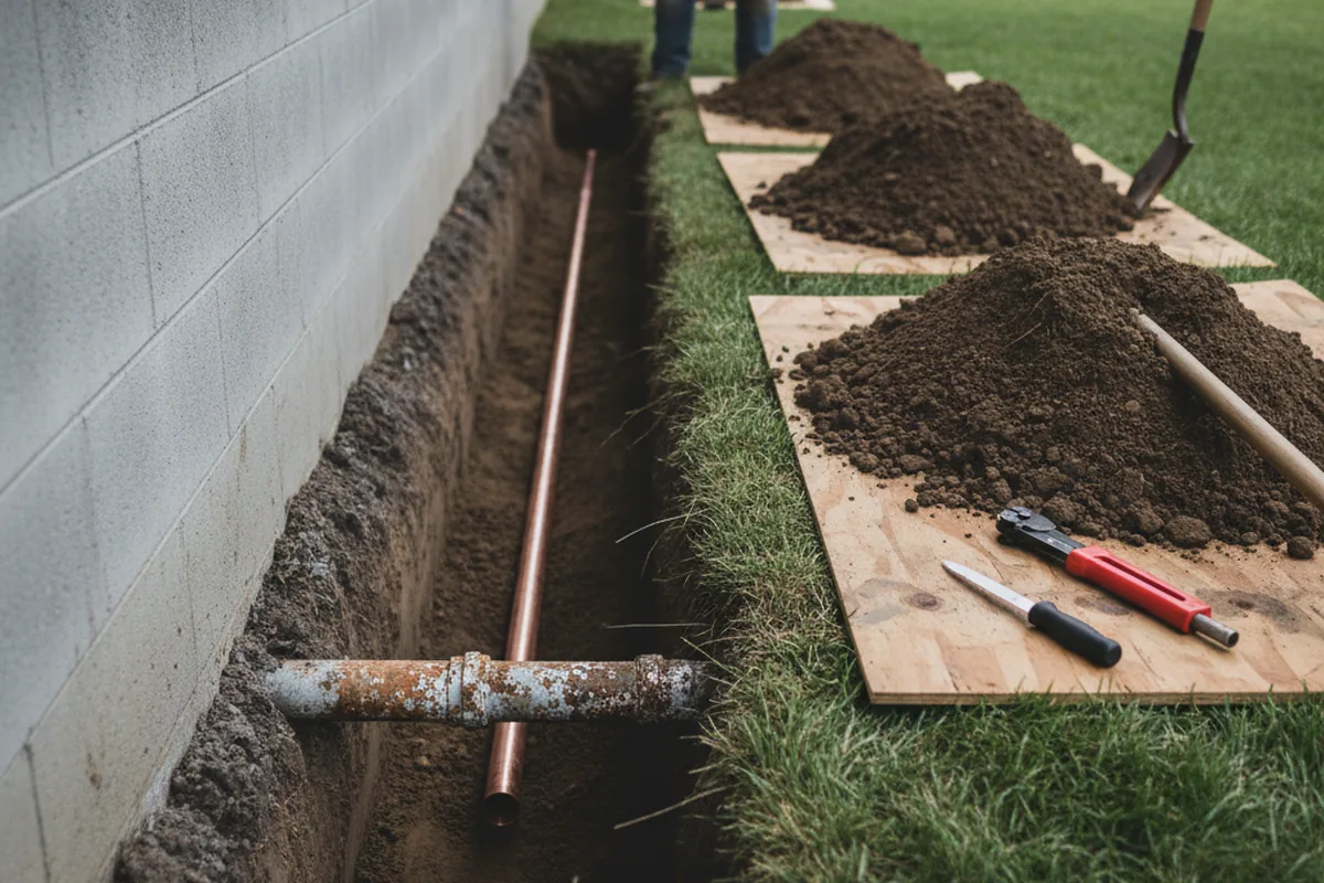 Excavated water line trench during Water Softener Installation in Rougemont